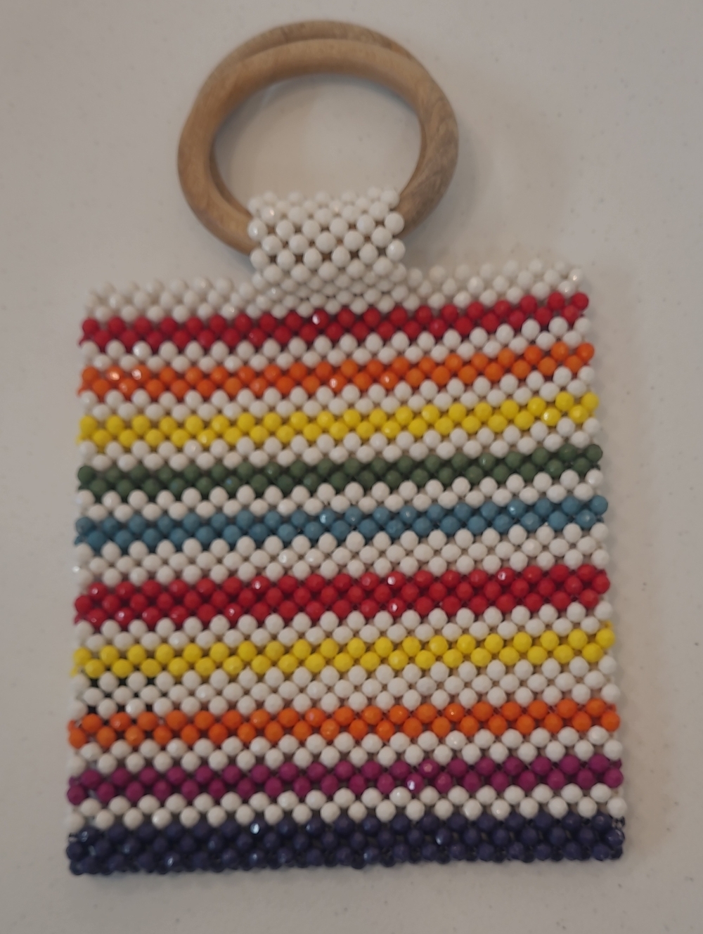 Lulu NYC Beaded Rainbow Mini Tote Handbag w/ Rounded Wooden Handles